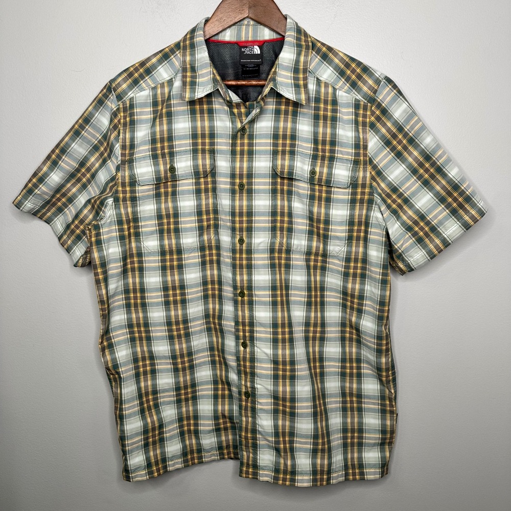 The North Face Mens Tekware Plaid Short Sleeve Button Down Shirt Green Yellow L